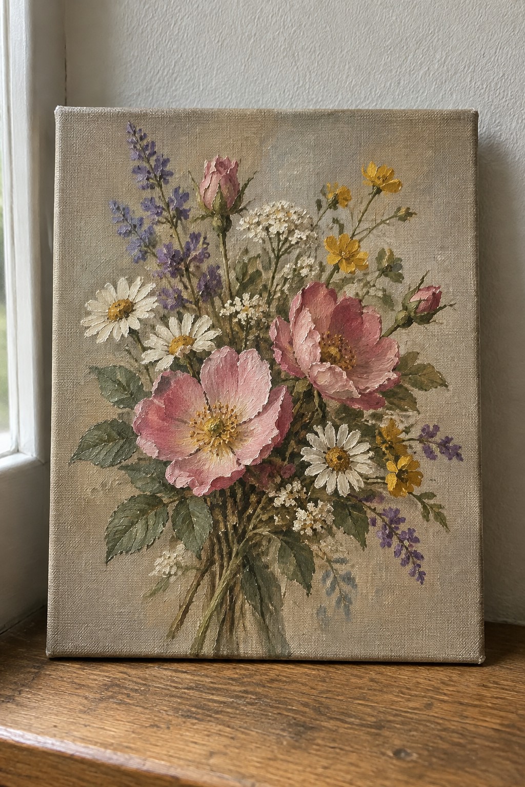 Painting of pink roses, daisies, and wildflowers in a bouquet on wooden ledge