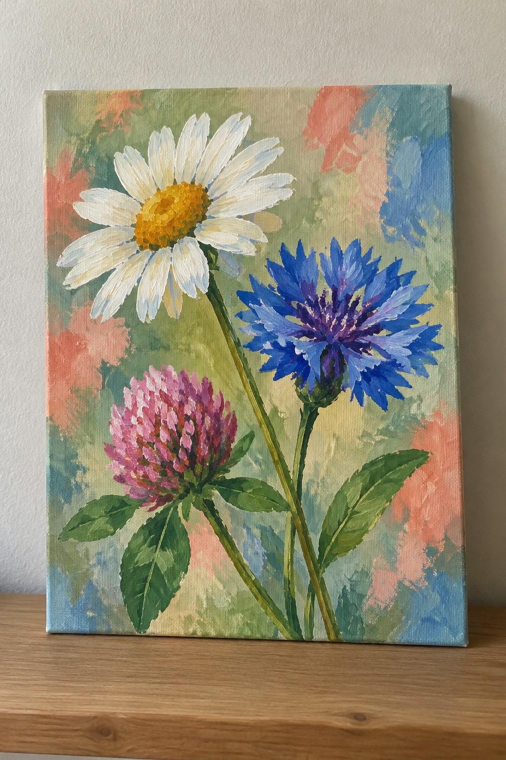 Painting of white daisy, blue cornflower, and pink clover on abstract colorful background
