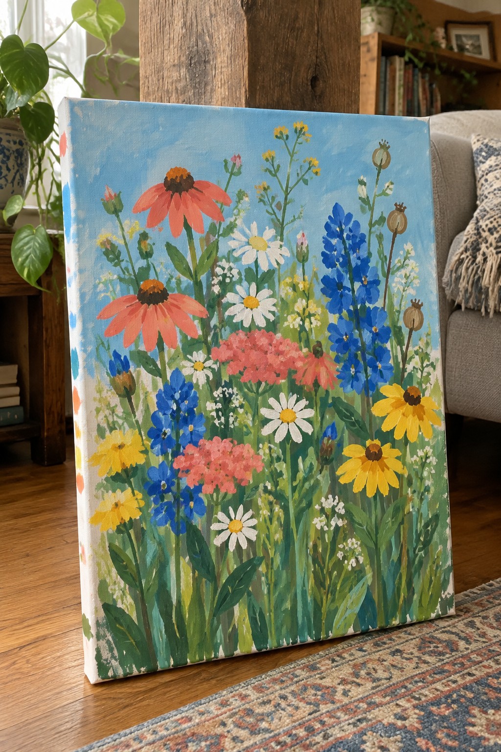 Vibrant wildflower painting on canvas propped against wooden beam in room