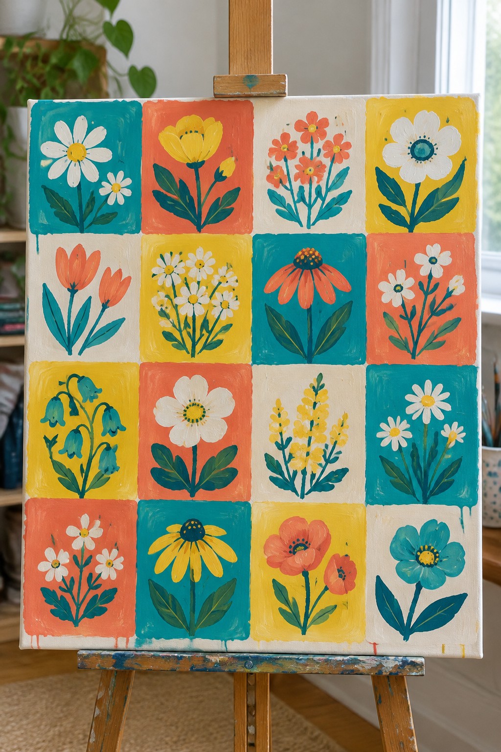 Colorful folk-art painting of flowers in a 4x4 grid on wooden easel