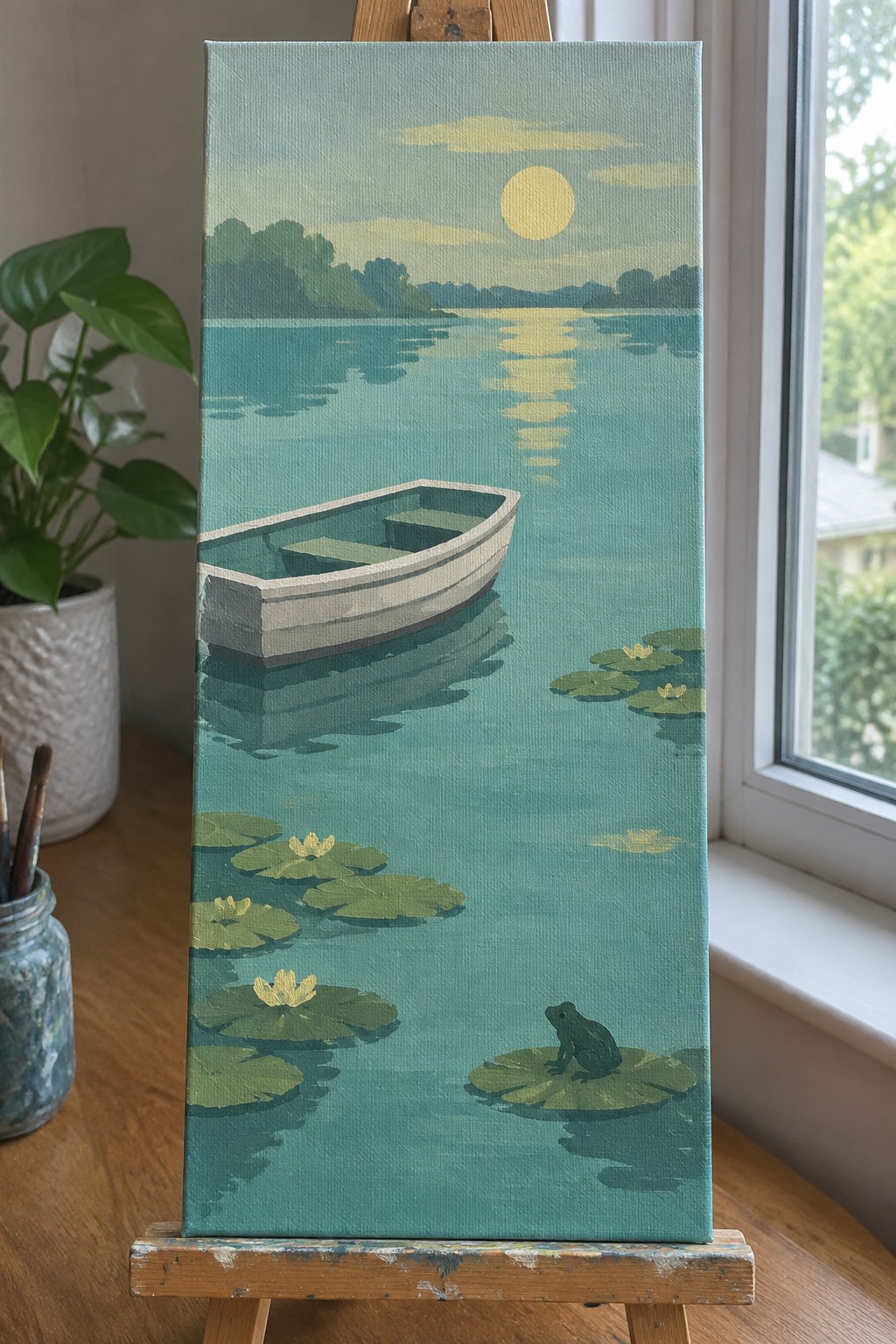 Painting on easel of boat on teal lake with frog, lily pads, and sunset reflection