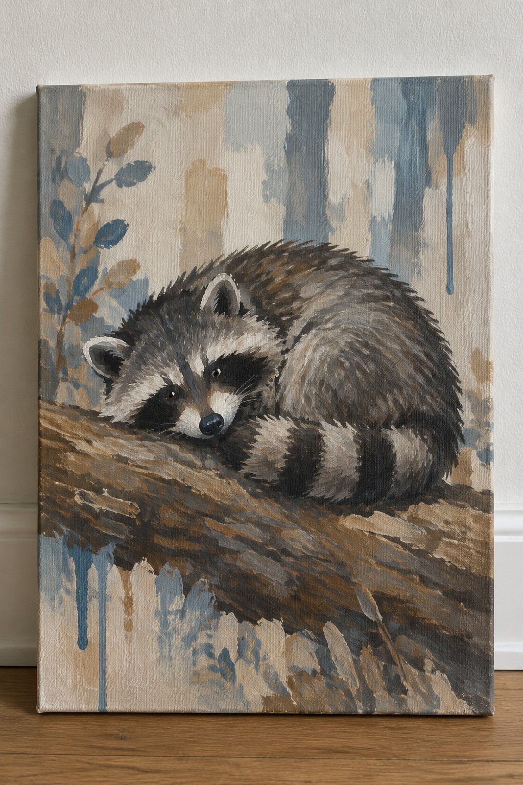 Raccoon curled on a log in abstract blue-brown forest painting on canvas