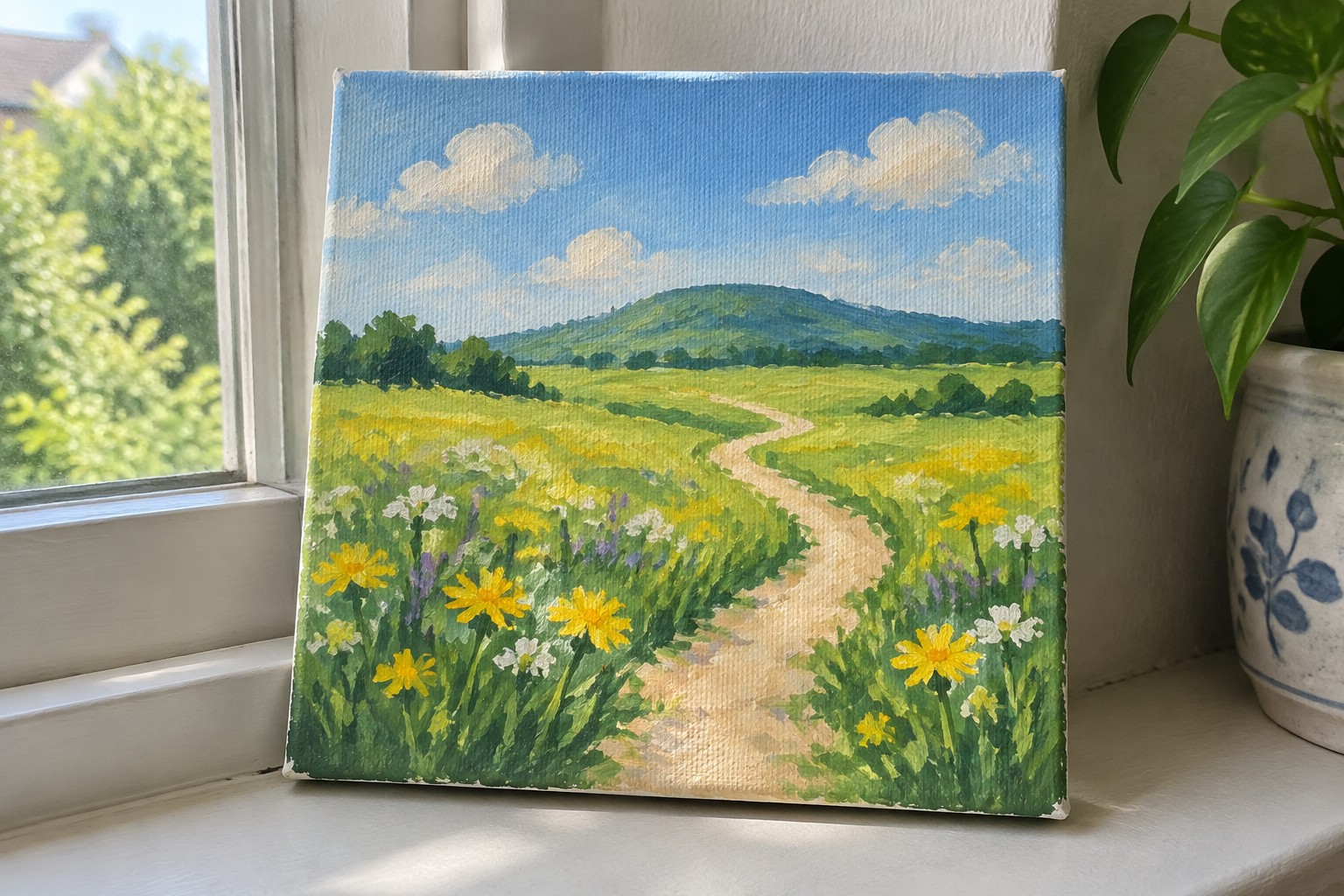 Vibrant landscape painting of winding path through yellow wildflower meadow on windowsill