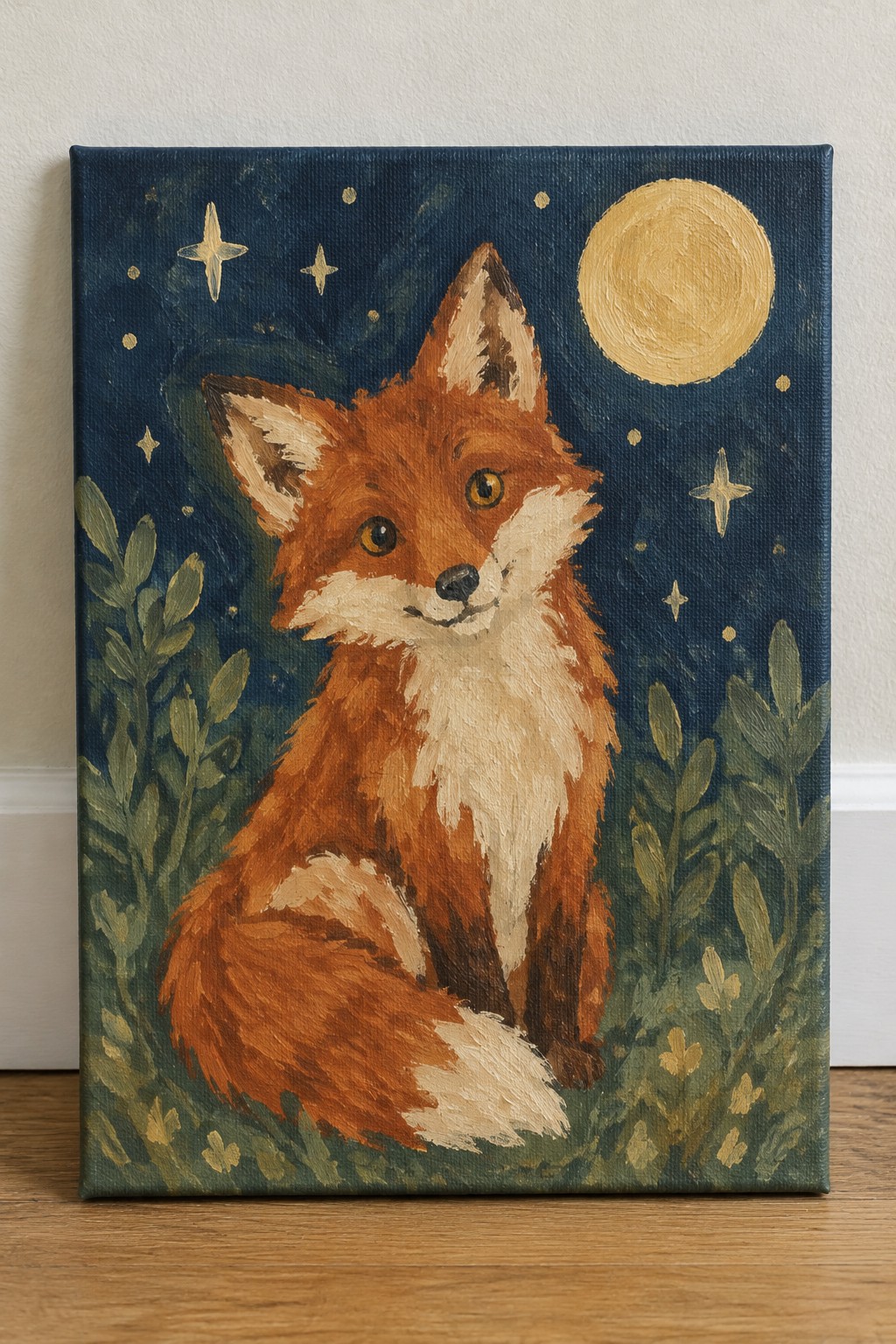 Red fox with white chest sits amid green foliage under moon and stars.