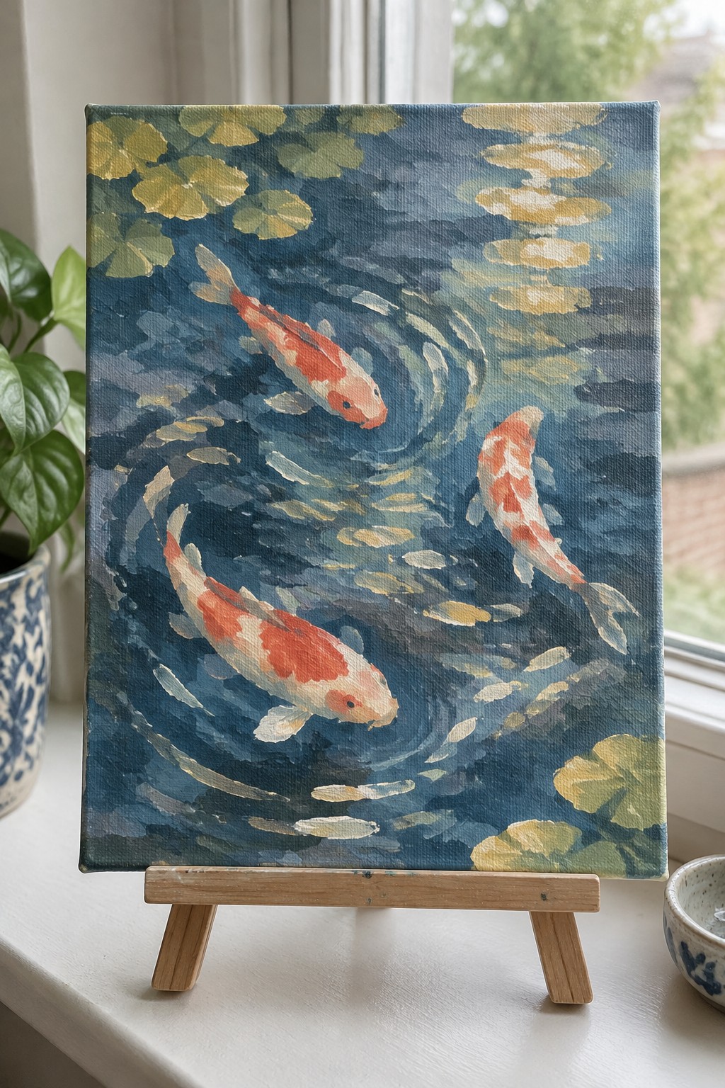 Three koi fish swim in swirling blue water with lily pads on canvas easel.
