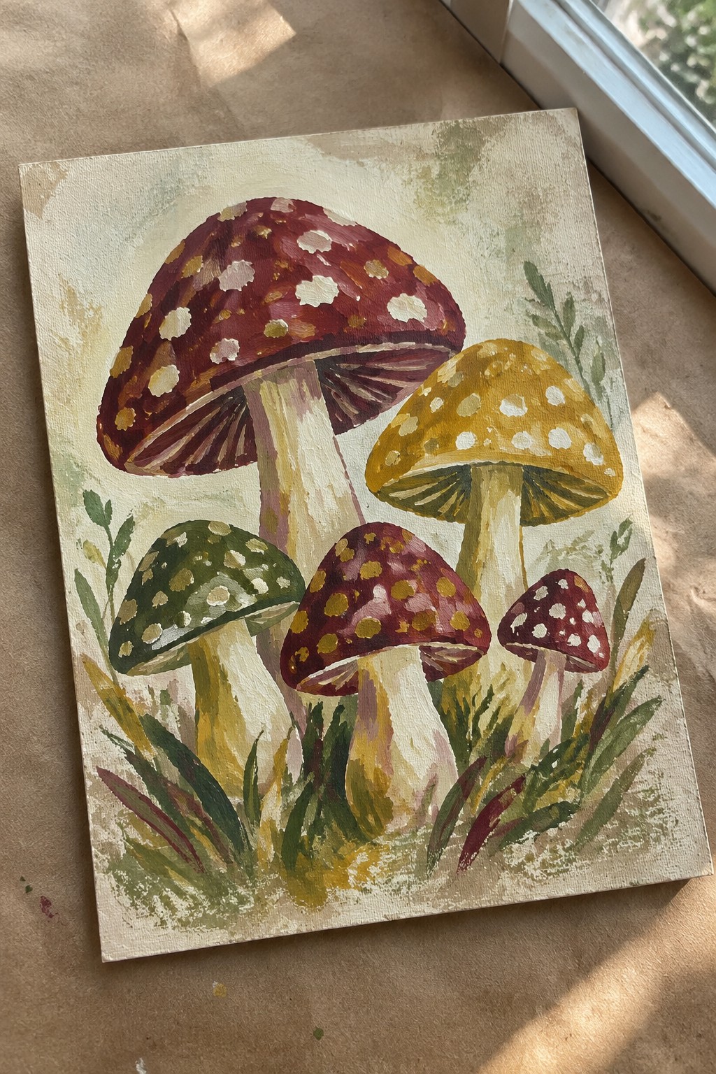 Vibrant painting of colorful spotted mushrooms in red, yellow and green on canvas