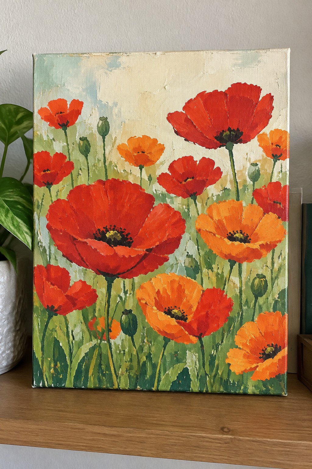 Vibrant painting of red and orange poppies blooming with green stems on canvas