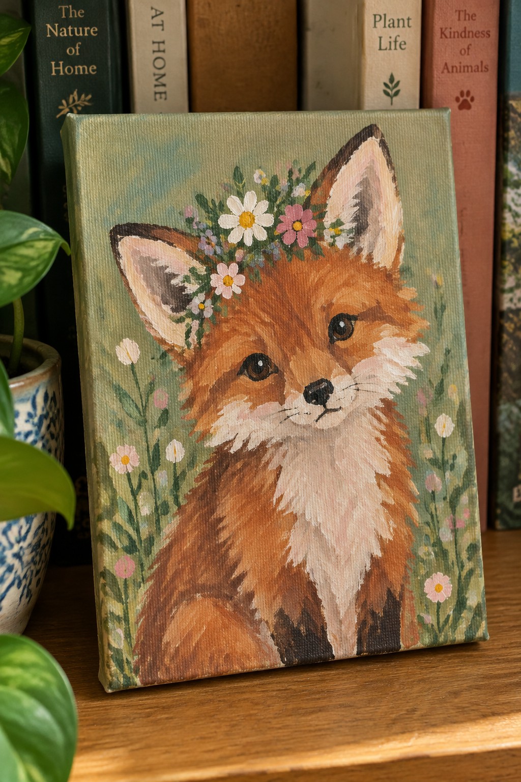 Canvas painting of fox with floral crown beside books and plant.