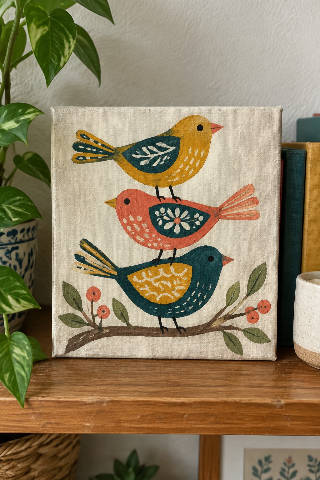 Folk art painting of three stacked colorful birds on a leafy branch with berries