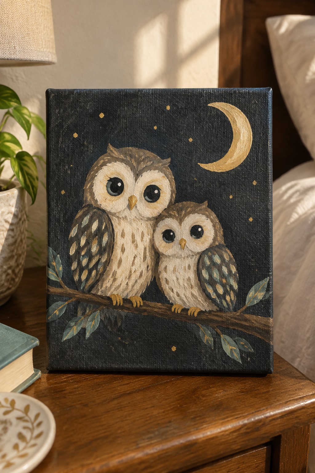 Two owls perched on a branch under a crescent moon in starry night painting