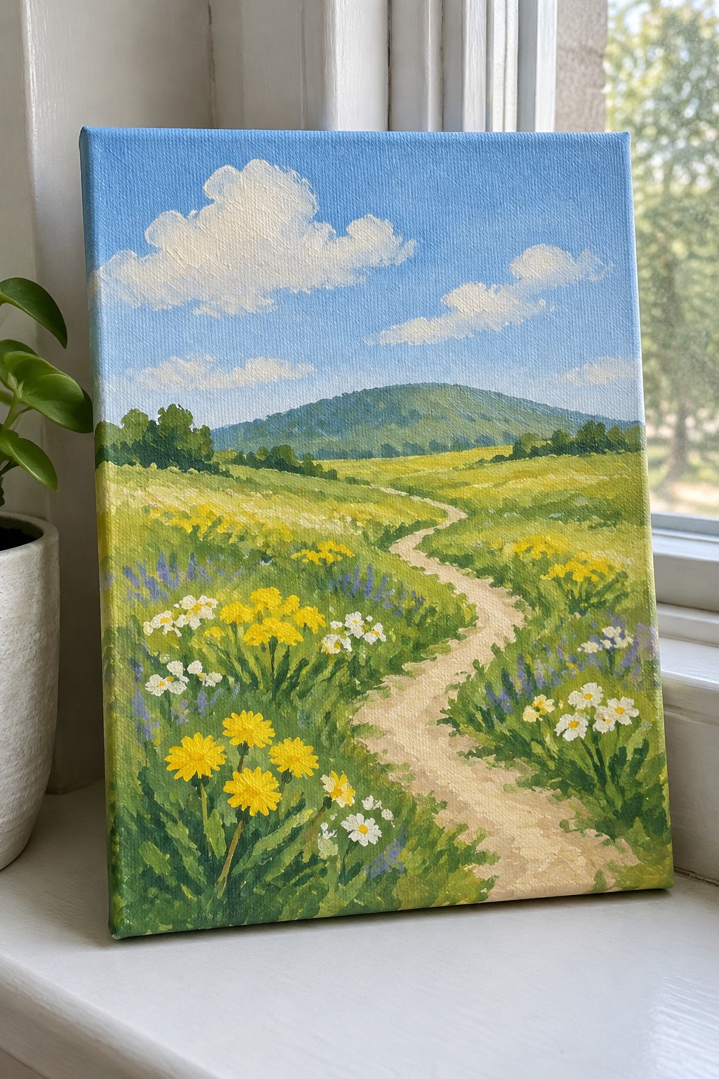 Vibrant landscape painting of winding path through yellow wildflower meadow on windowsill