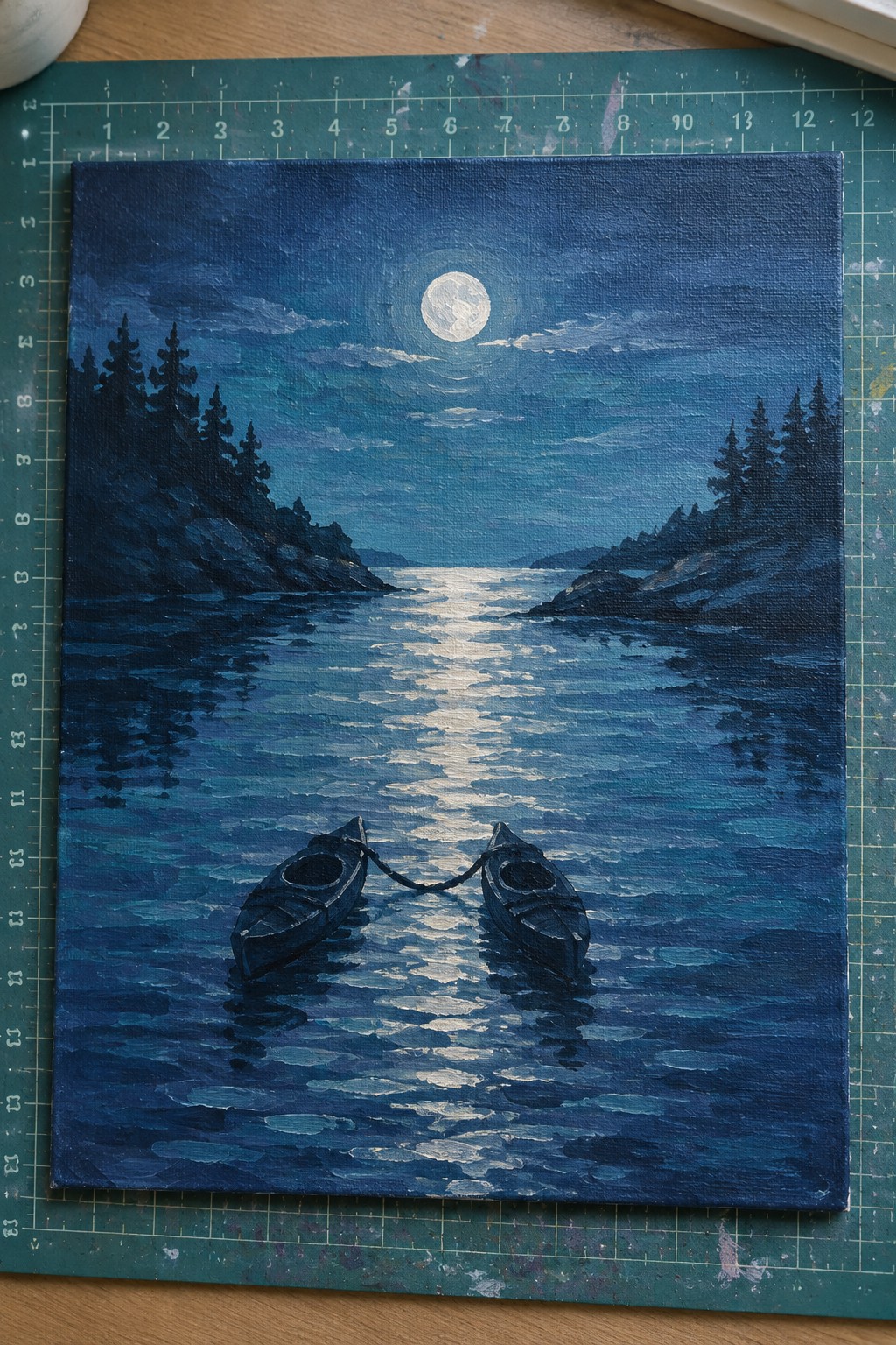 Two boats chained together on moonlit water between dark forested cliffs at night