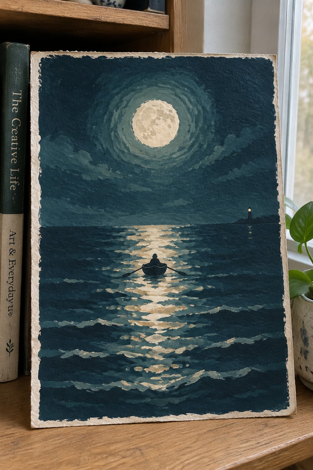 Watercolor painting of silhouetted rower on moonlit sea under full moon with distant lighthouse