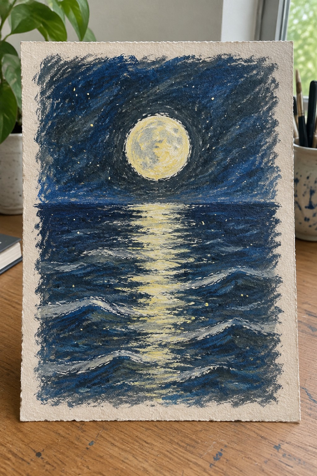 Expressive painting of bright moon over swirling dark blue ocean with golden reflections