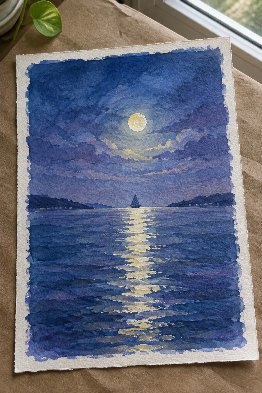 Watercolor painting of sailboat under full moon with glowing reflection on dark blue water.