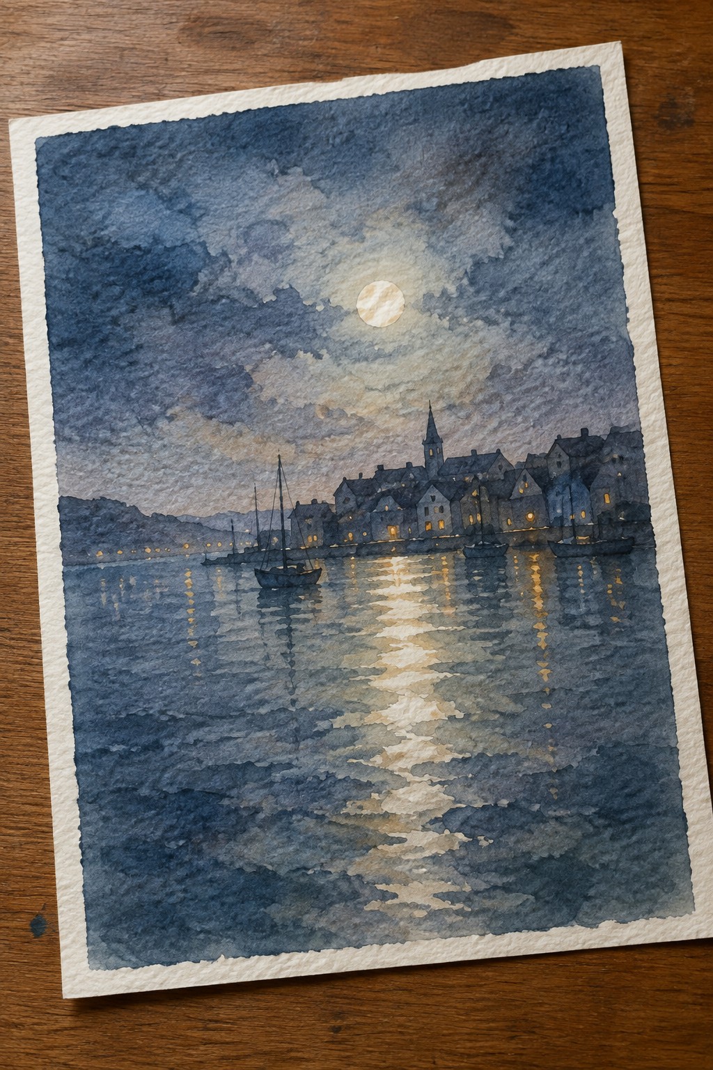 Watercolor of moonlit harbor town with boats and glowing window reflections at night