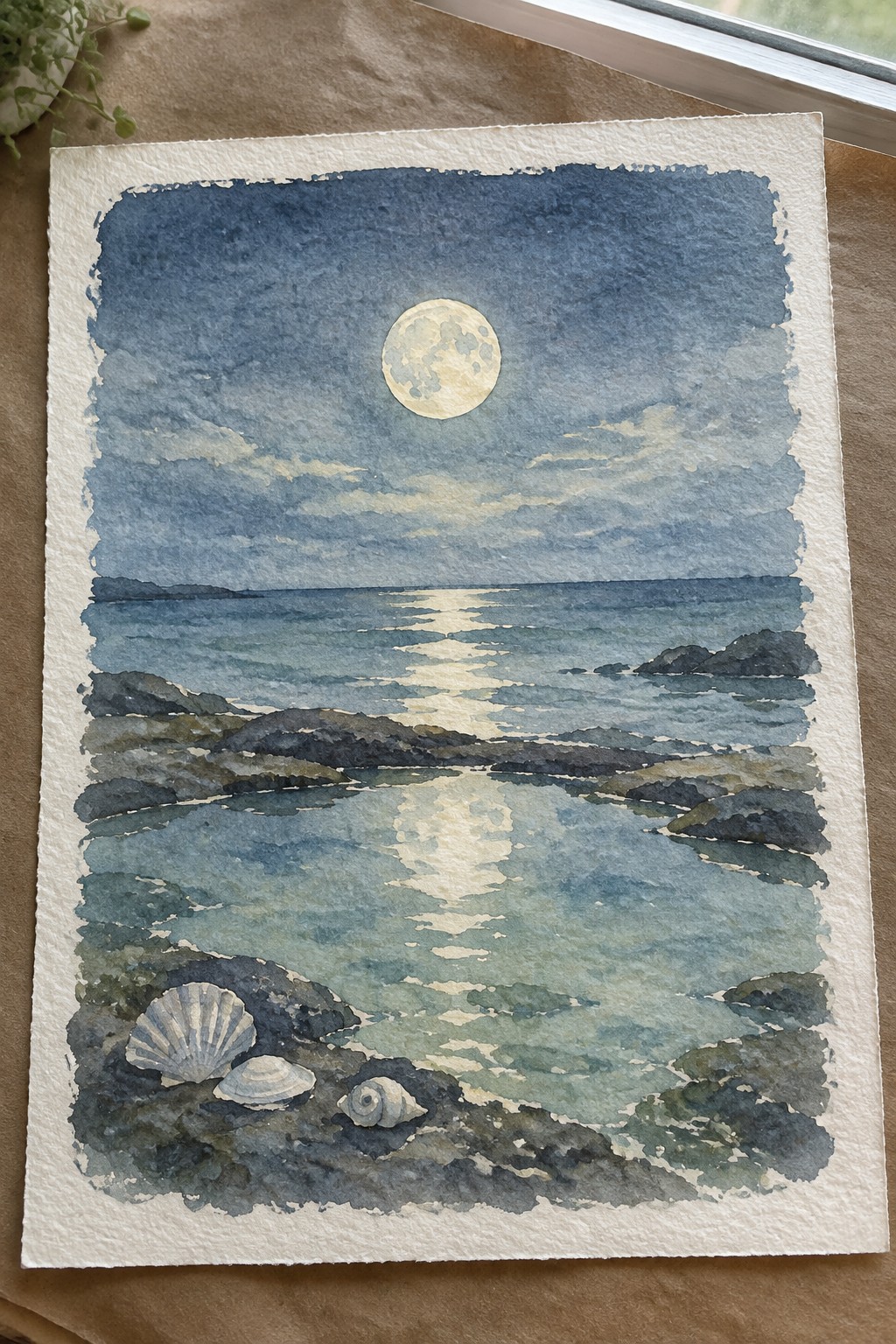 Watercolor seascape of full moon reflecting on ocean with rocky shores and seashells.