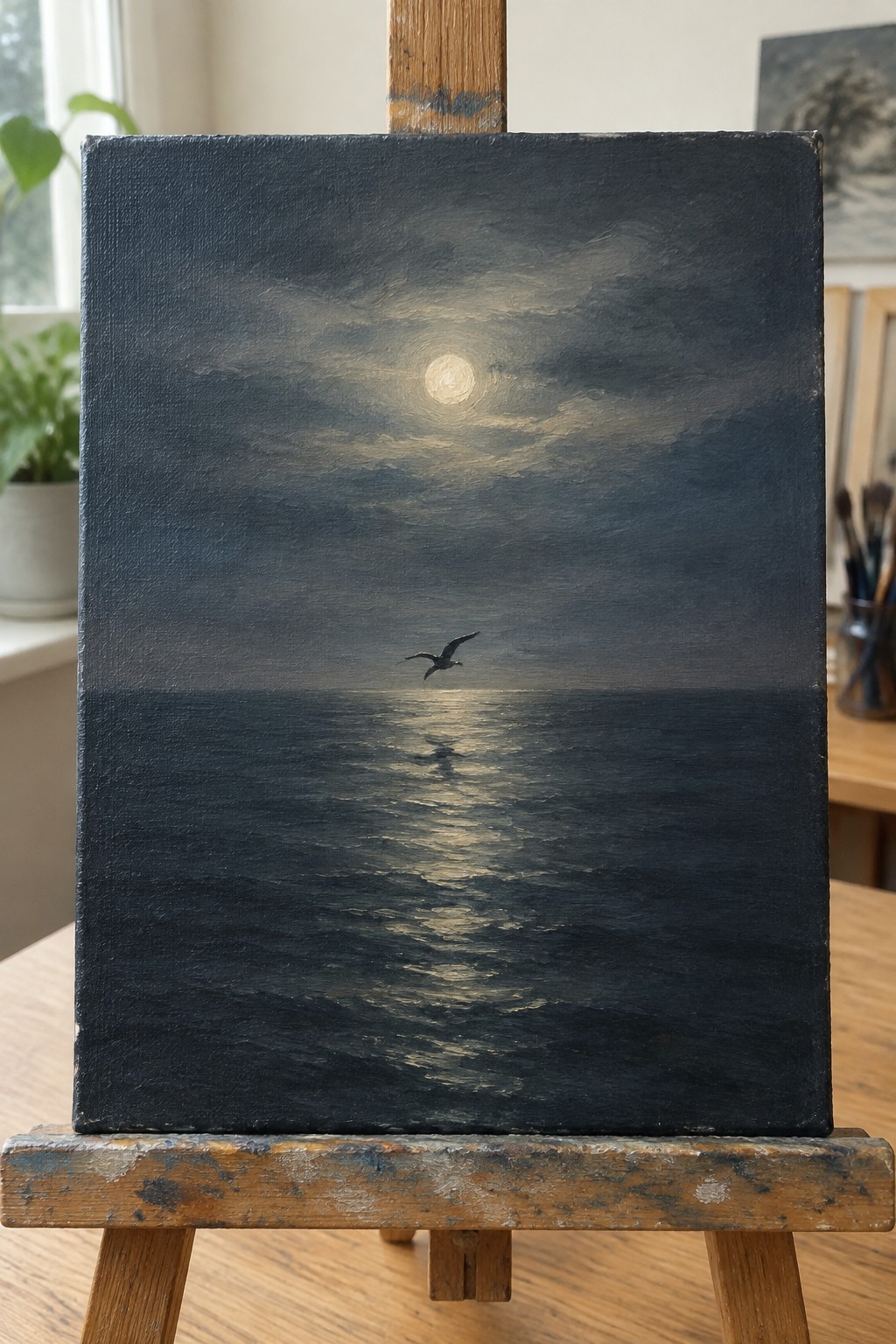 Moonlit seascape painting on easel with bird over moonlit waves under clouds