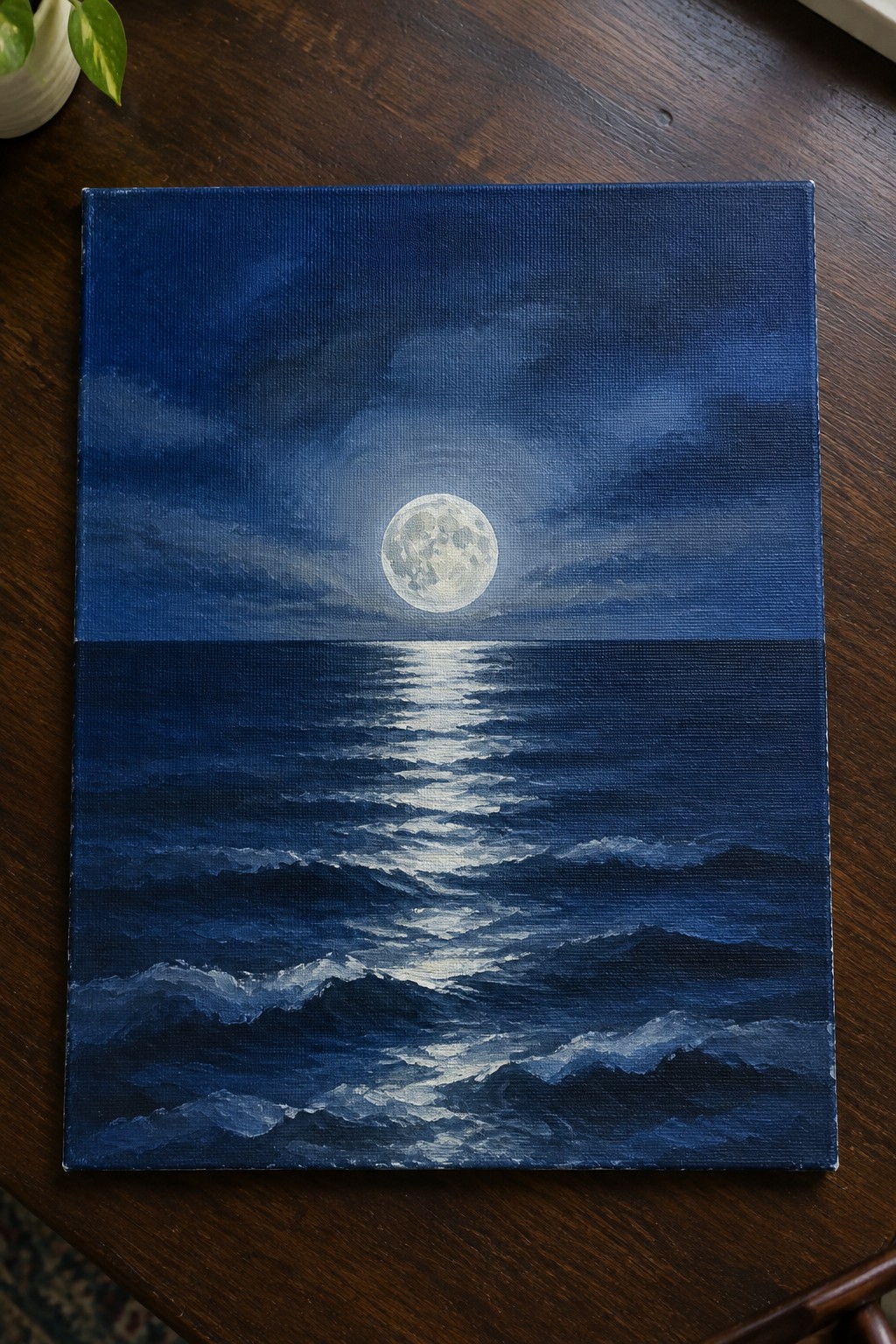 Painting of full moon over dark blue ocean with glowing wave reflections at night.