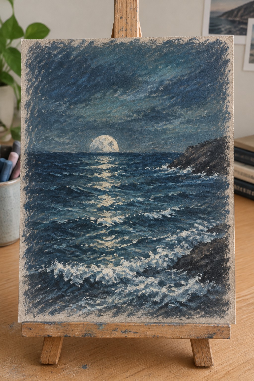 Moonlit seascape painting with crashing waves and rocky cliff on easel