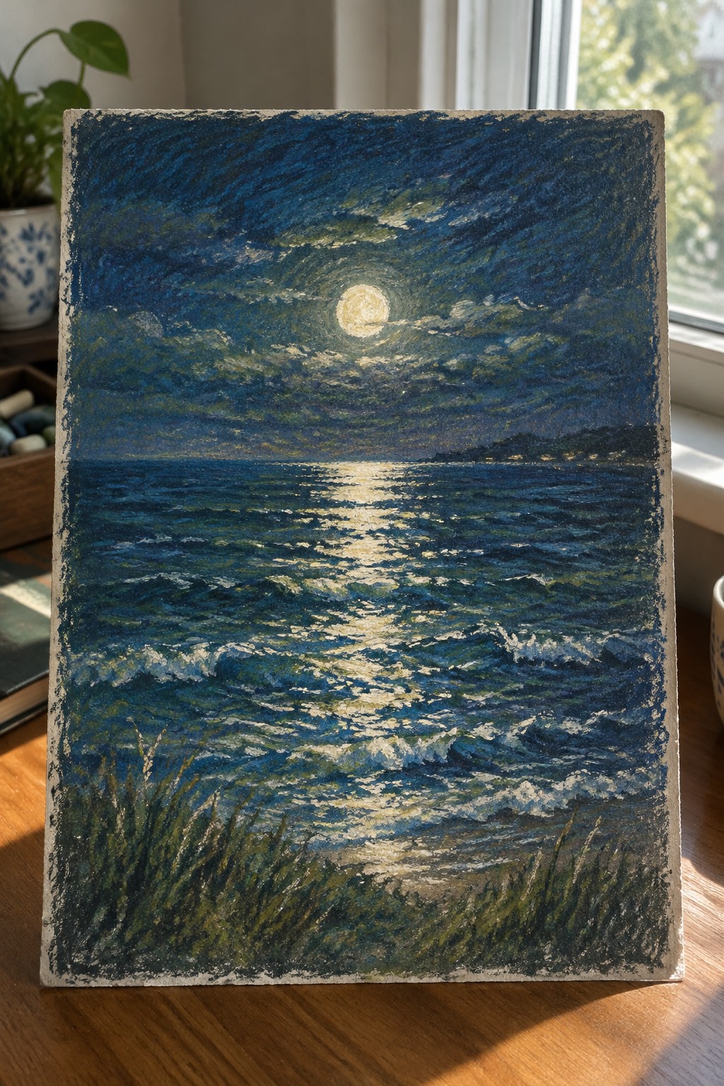 Pastel painting of a full moon over a dark blue ocean with its bright reflection on the waves and grass in the foreground.