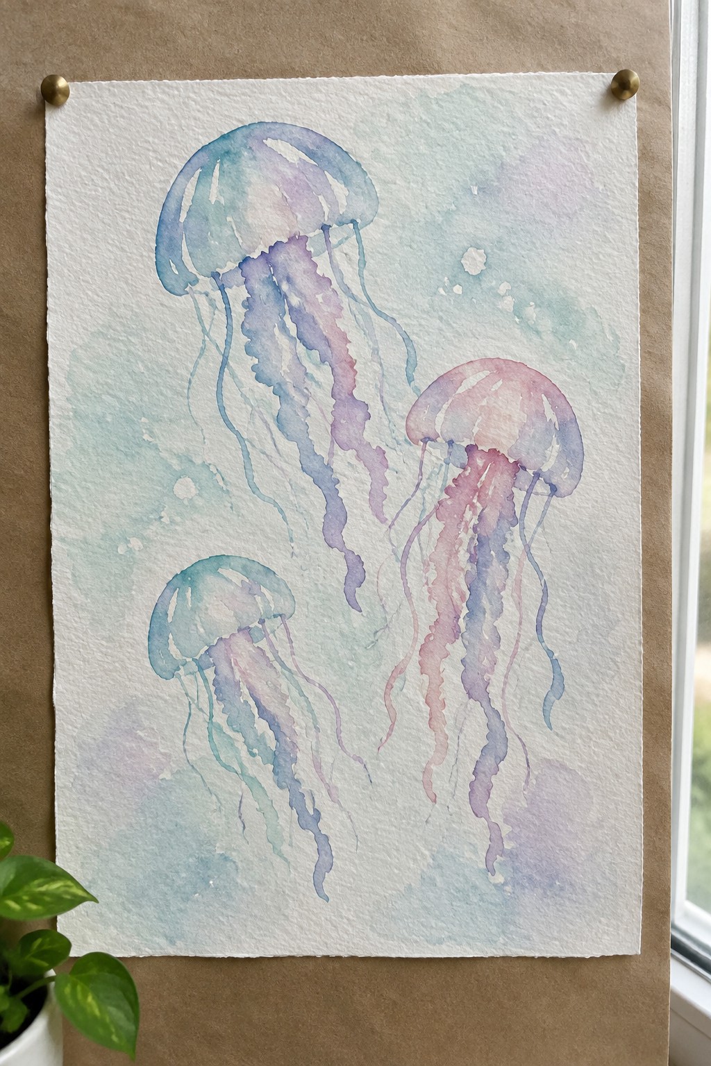 Three watercolor jellyfish in blue, purple, and pink hues on white paper