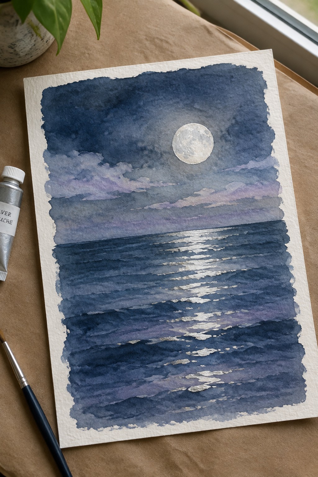 Watercolor seascape of full moon over ocean with silver reflections, paint tube and brush nearby
