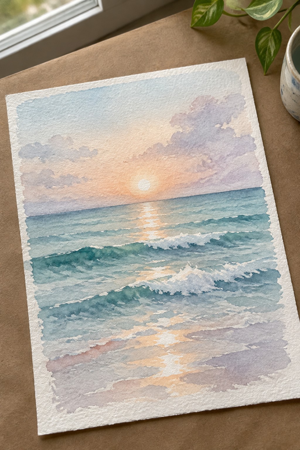 A watercolor painting of a sunset over the ocean with waves and a sun reflection on the water, placed on a brown surface next to a plant.