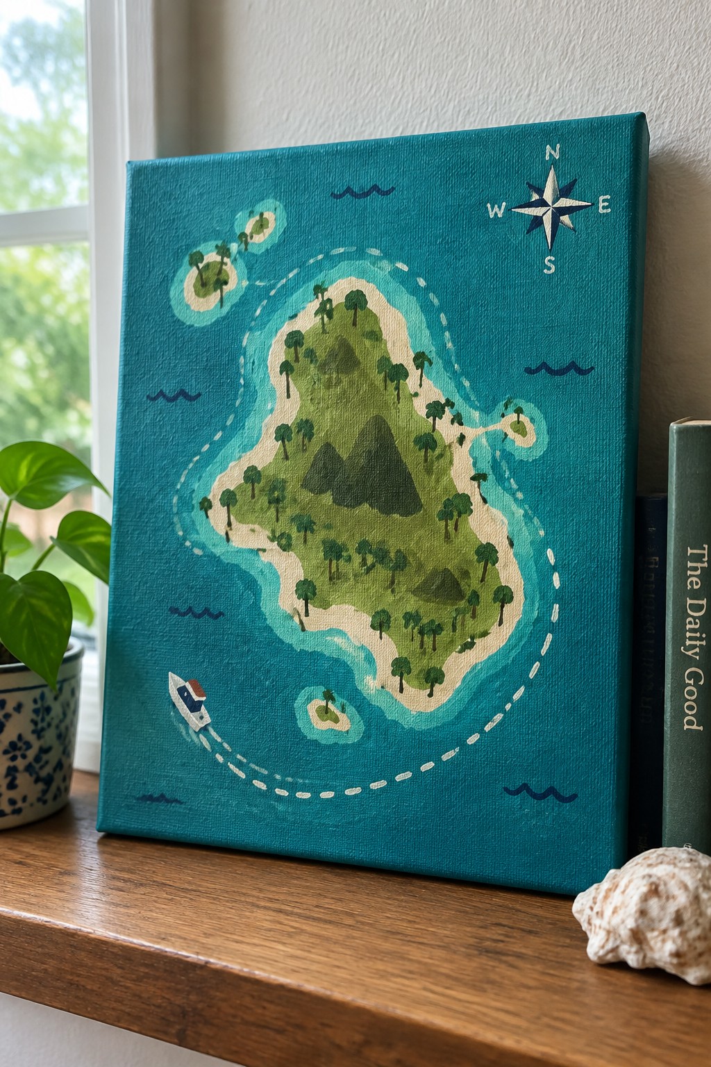 Teal canvas painting of tropical island map with compass rose and boat path on shelf