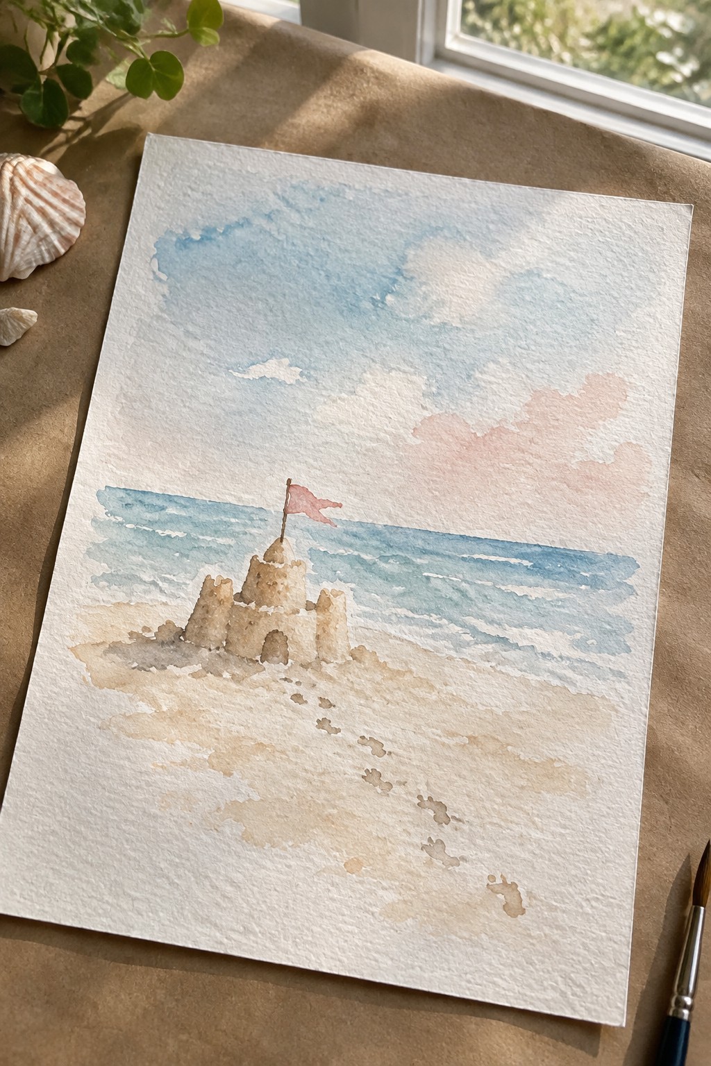 Watercolor painting of sandcastle with pink flag, footprints, blue ocean, and pink clouds.