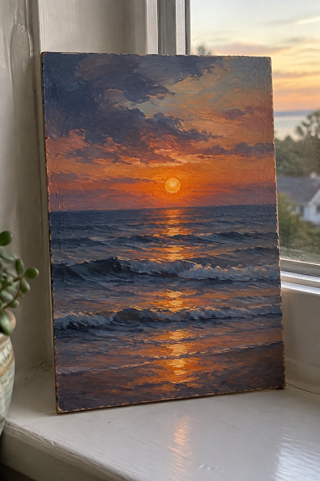 Textured oil painting of sunset over waves on windowsill beside potted plant