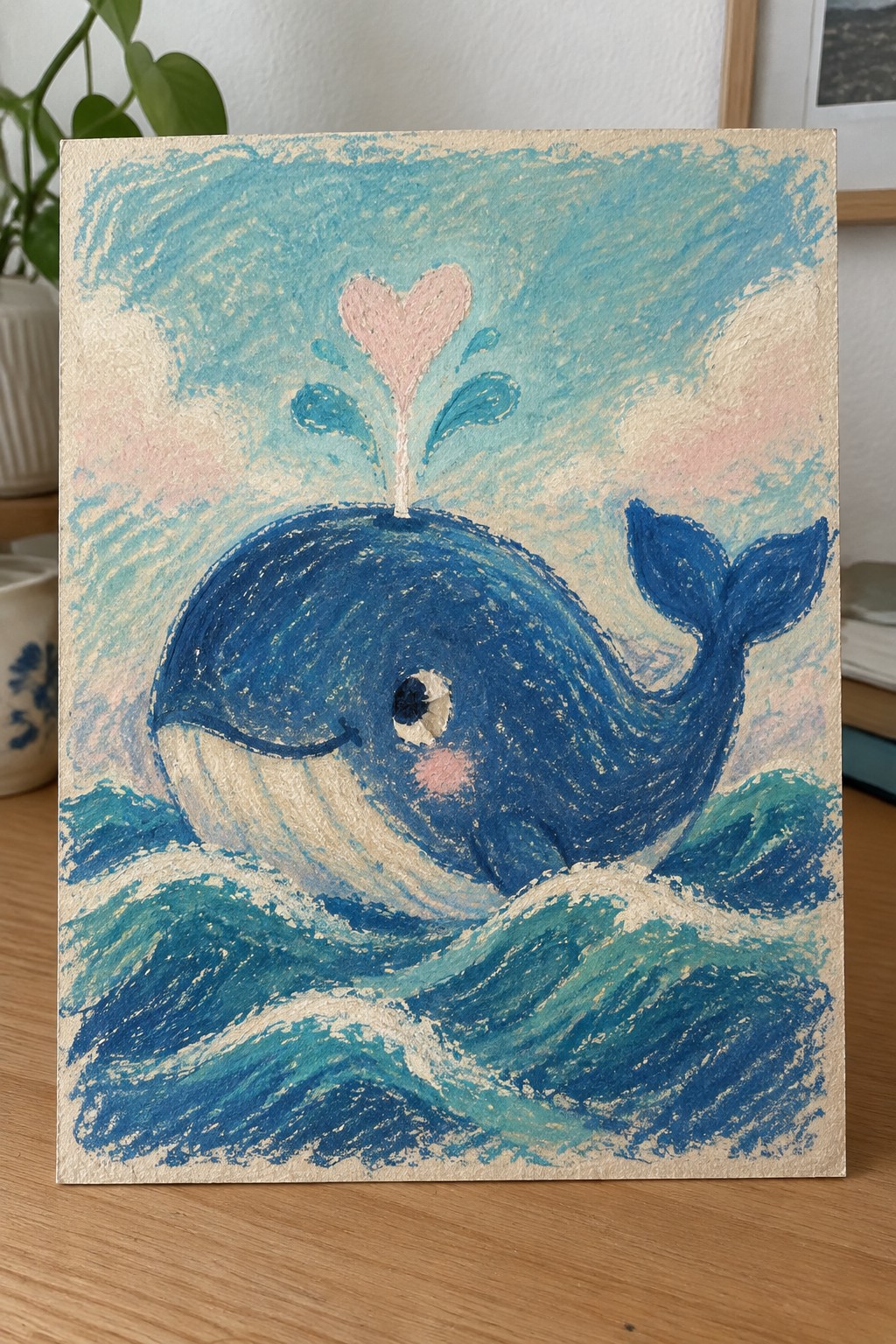 A painting of a blue whale in teal waves with a pink heart-shaped spout and a smiling eye.
