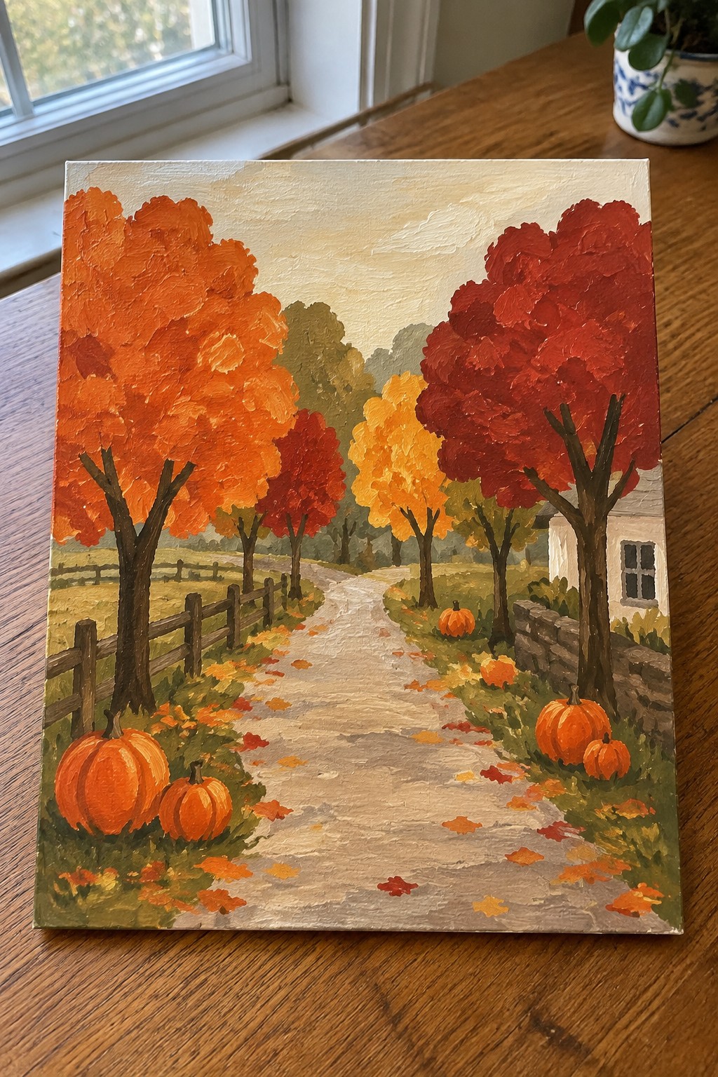 Colorful autumn painting of winding path through orange-red trees with pumpkins and fence.