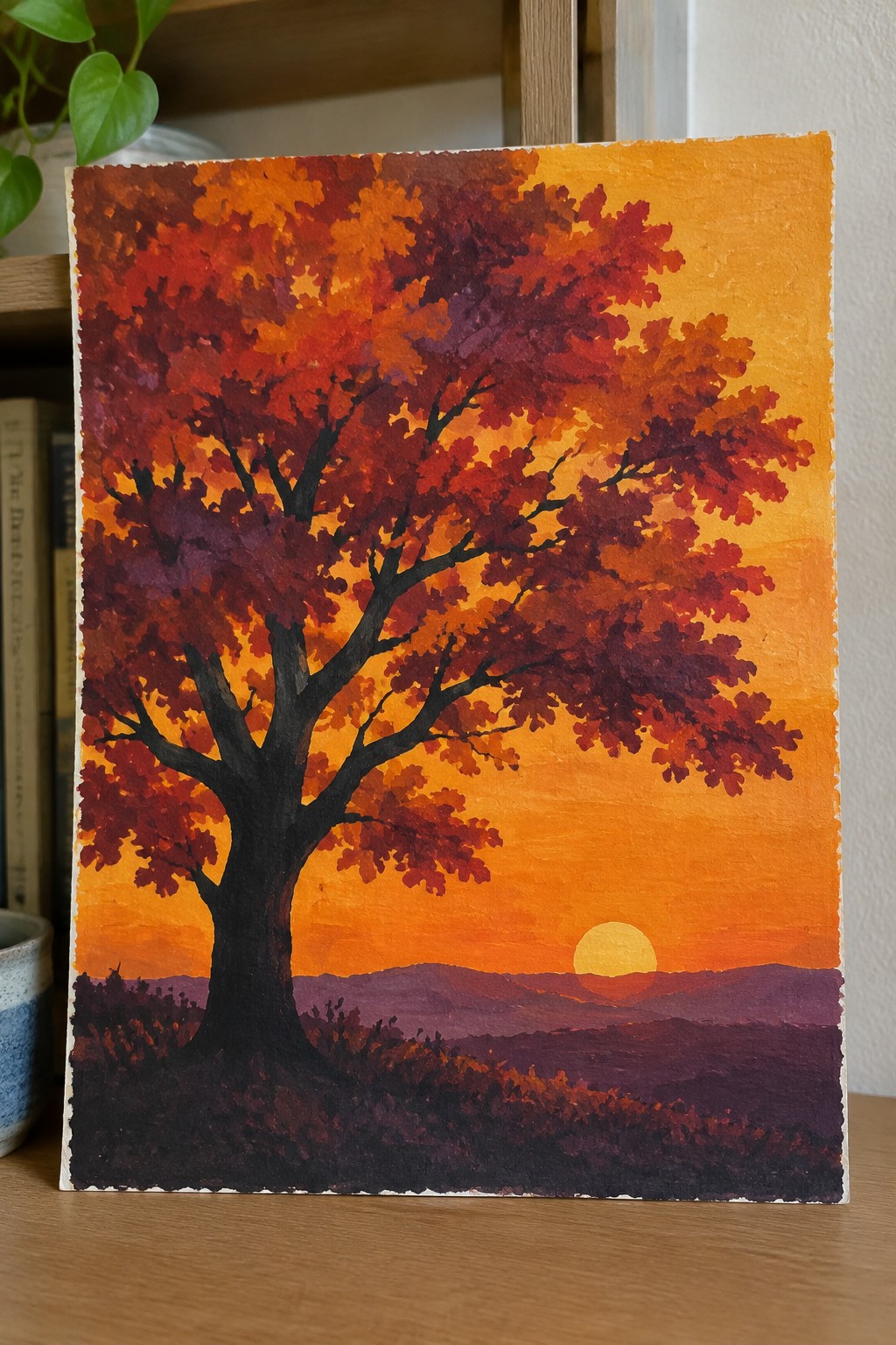 Large tree with red and orange autumn leaves against glowing orange sunset sky