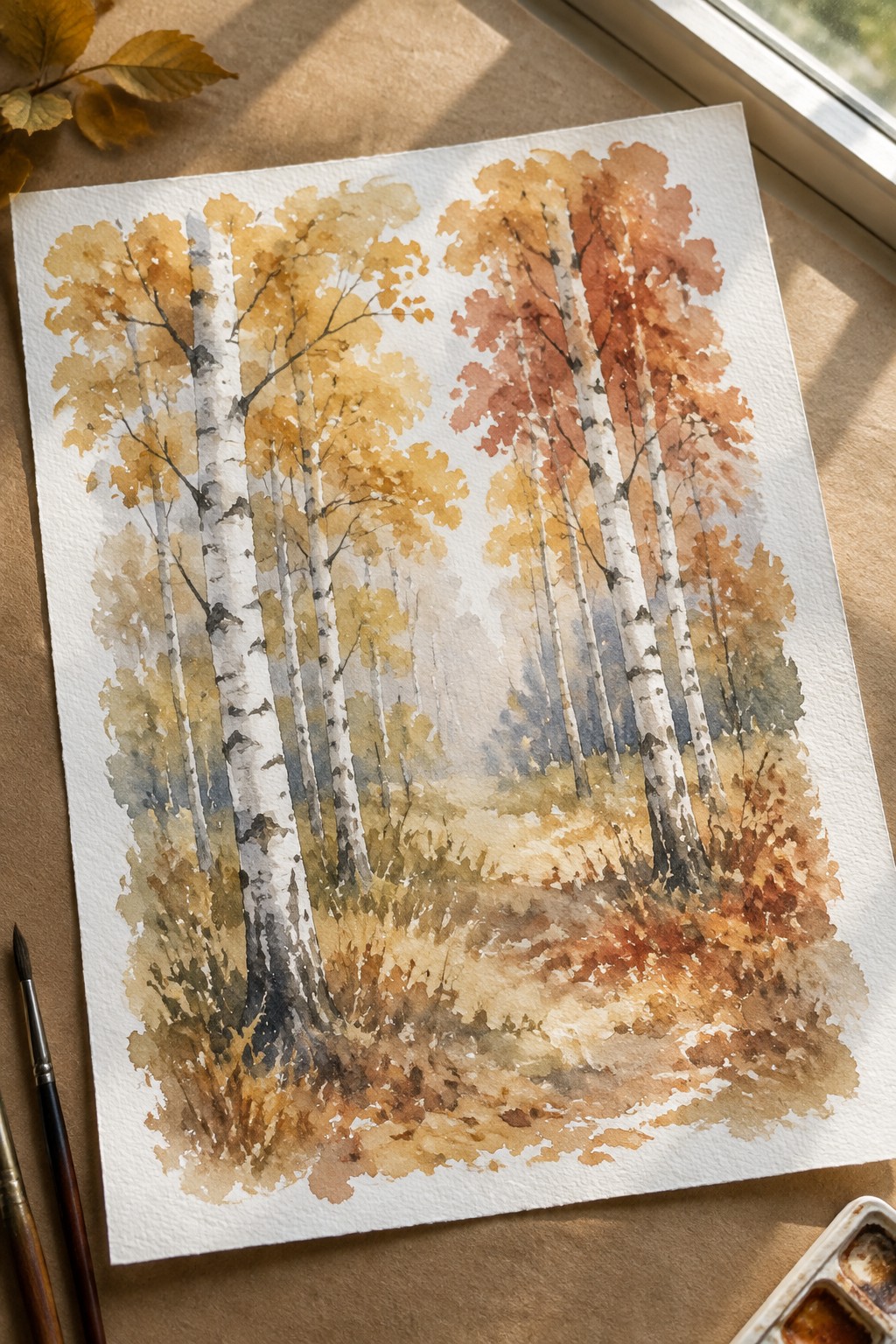 Watercolor painting of autumn birch forest with white trunks, golden leaves, and paintbrushes.