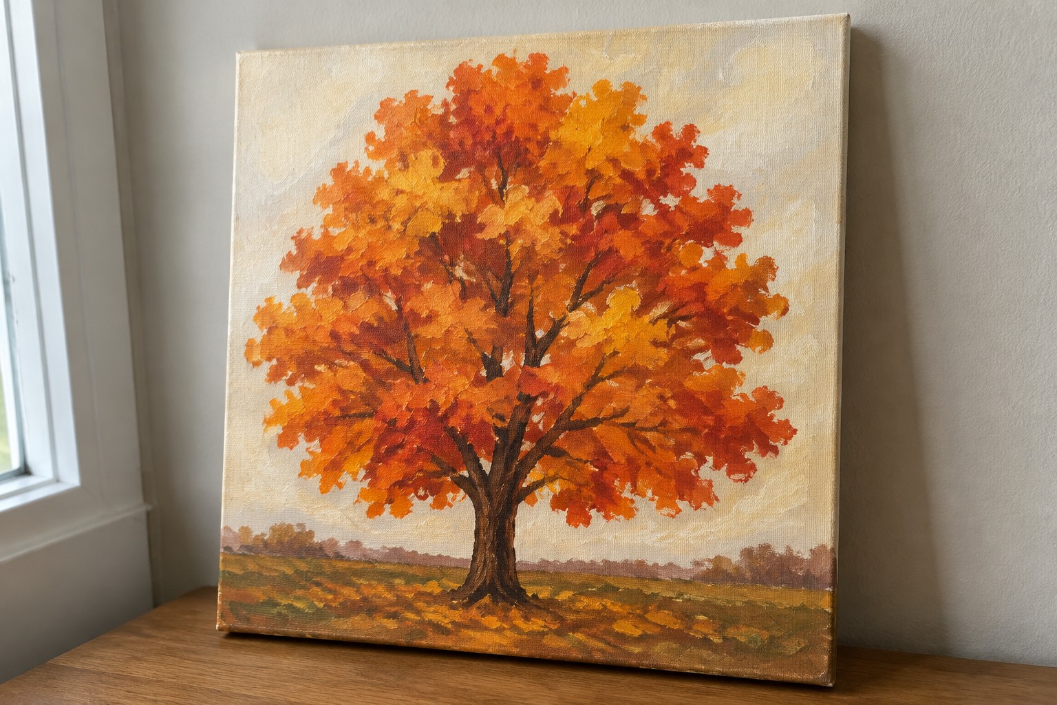 Painting of a tree with vibrant red, orange, and yellow autumn leaves on canvas