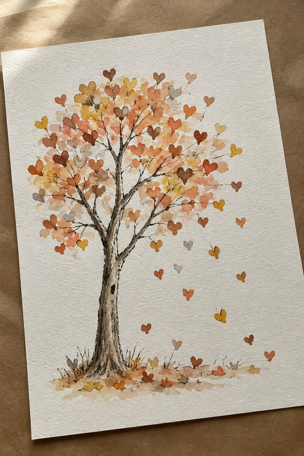 Watercolor tree with brown trunk and colorful heart-shaped leaves falling in autumn