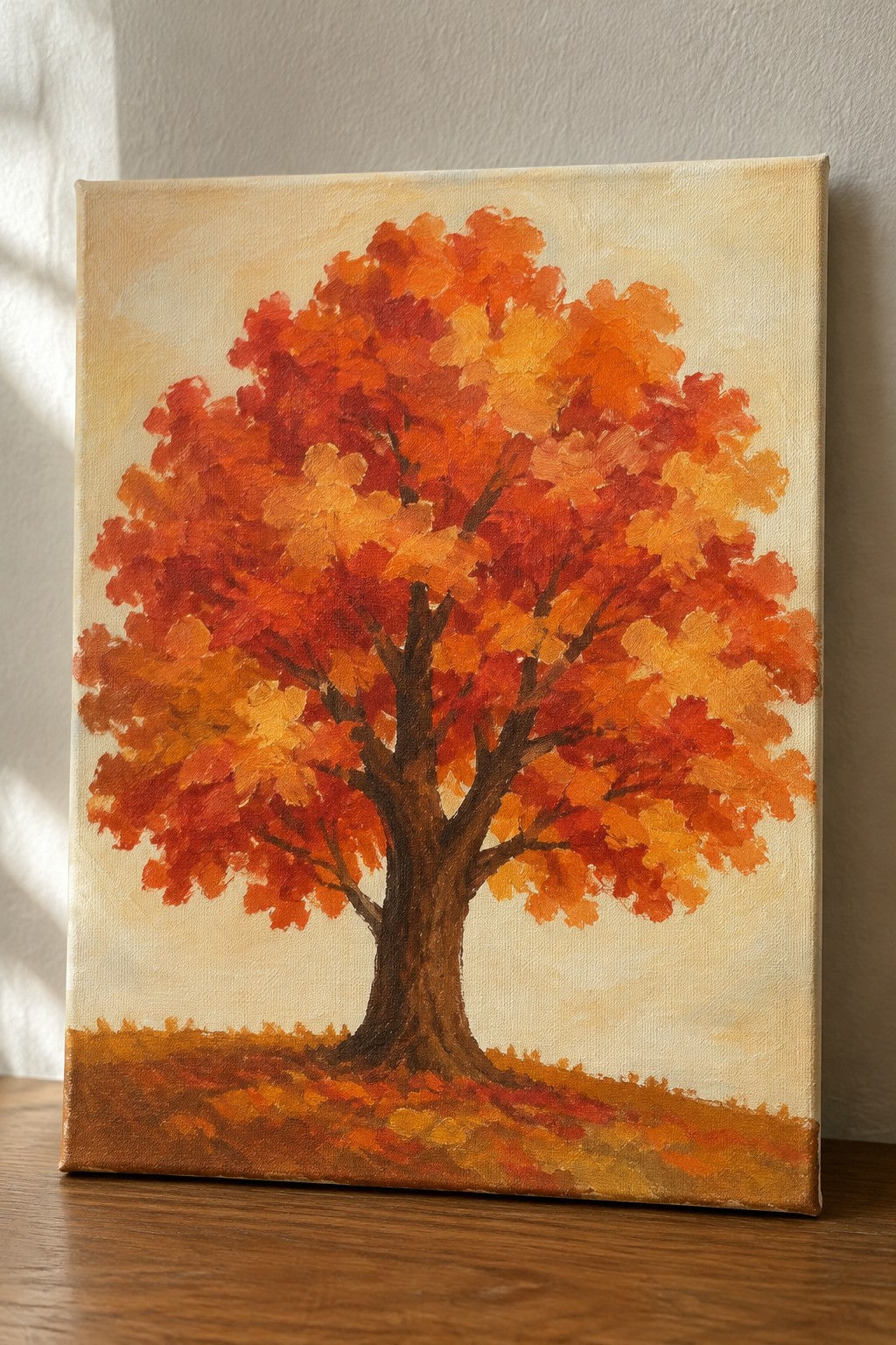 Painting of a tree with vibrant red, orange, and yellow autumn leaves on canvas