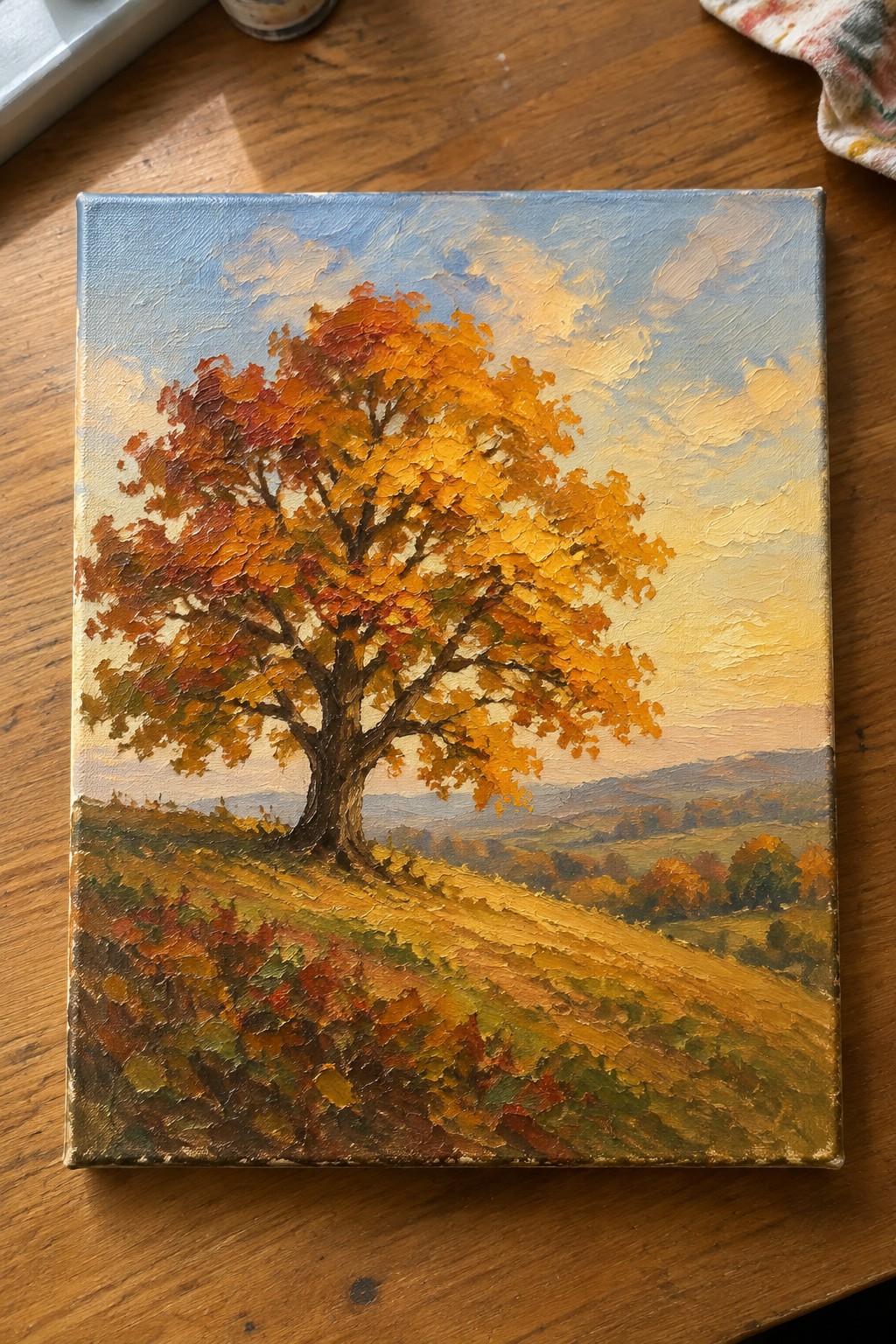 Impressionistic oil painting of a golden autumn tree on a hillside landscape
