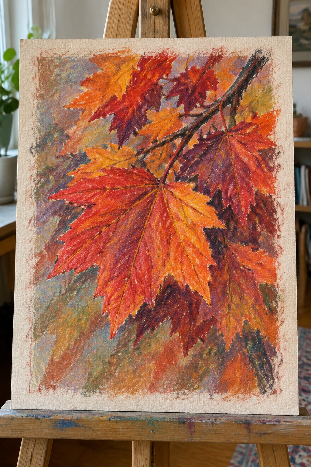 Vibrant red and orange maple leaves painting on wooden easel