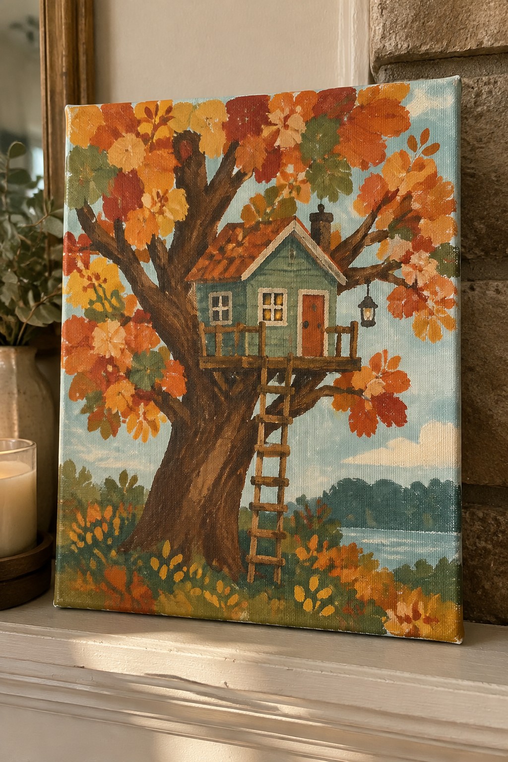 Vibrant painting of blue treehouse in autumn tree with ladder and lake view