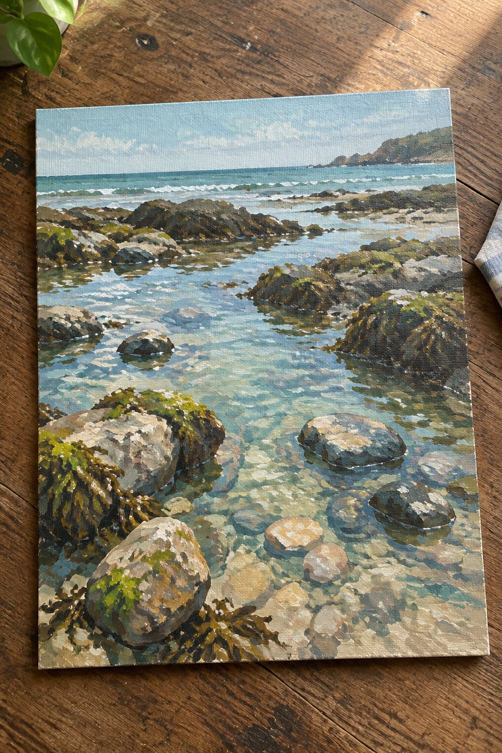 Realistic painting of rocky shoreline with clear tide pools, algae-covered boulders and ocean waves