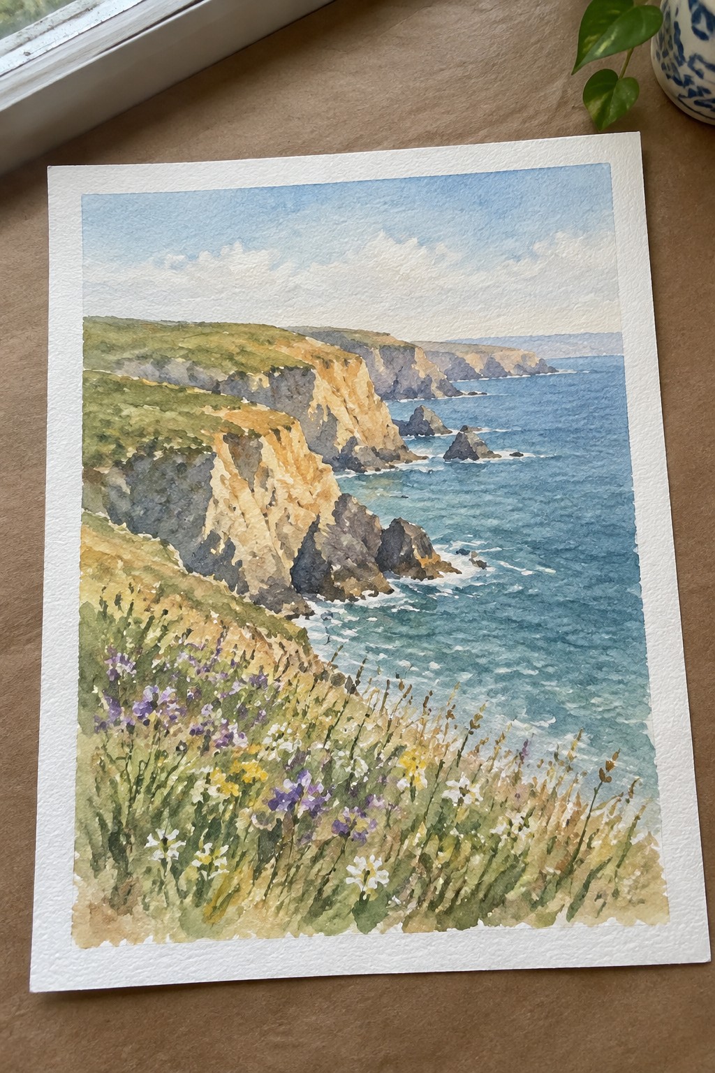 Watercolor of coastal cliffs with wildflowers overlooking blue ocean and rocky coves