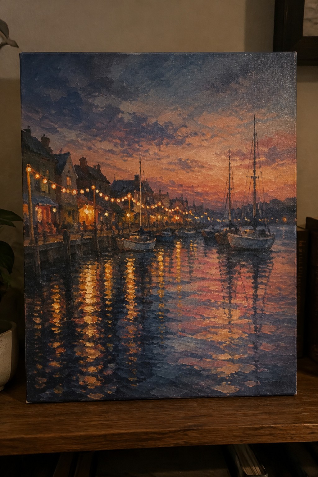 Vibrant oil painting of sunset harbor with sailboats and glowing light reflections on water