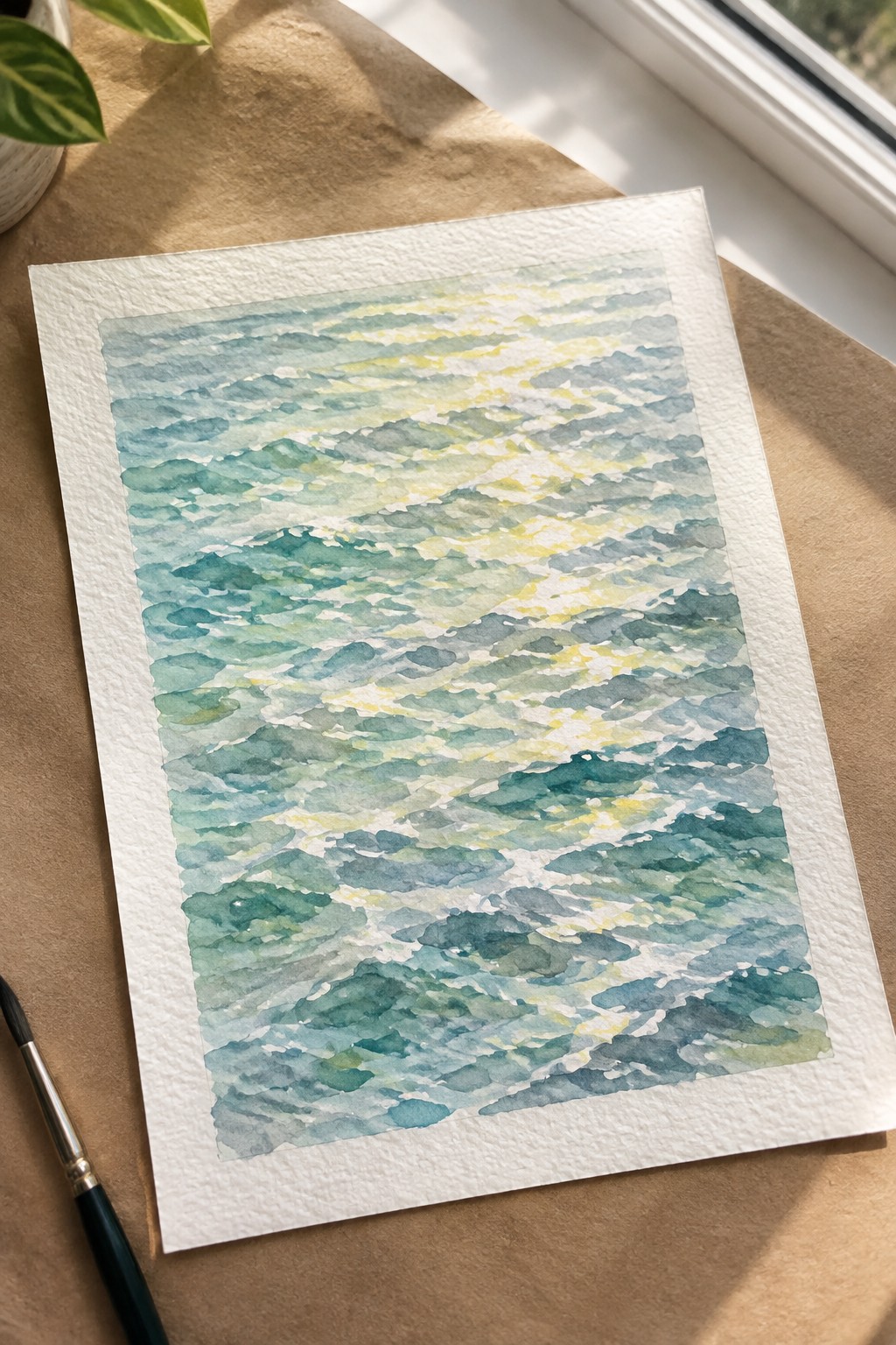 Watercolor painting of blue-green ocean waves with yellow sunlight on white paper