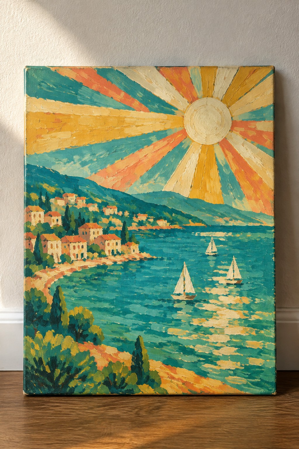 Vibrant painting of radiant sun over coastal village, blue sea, and sailboats