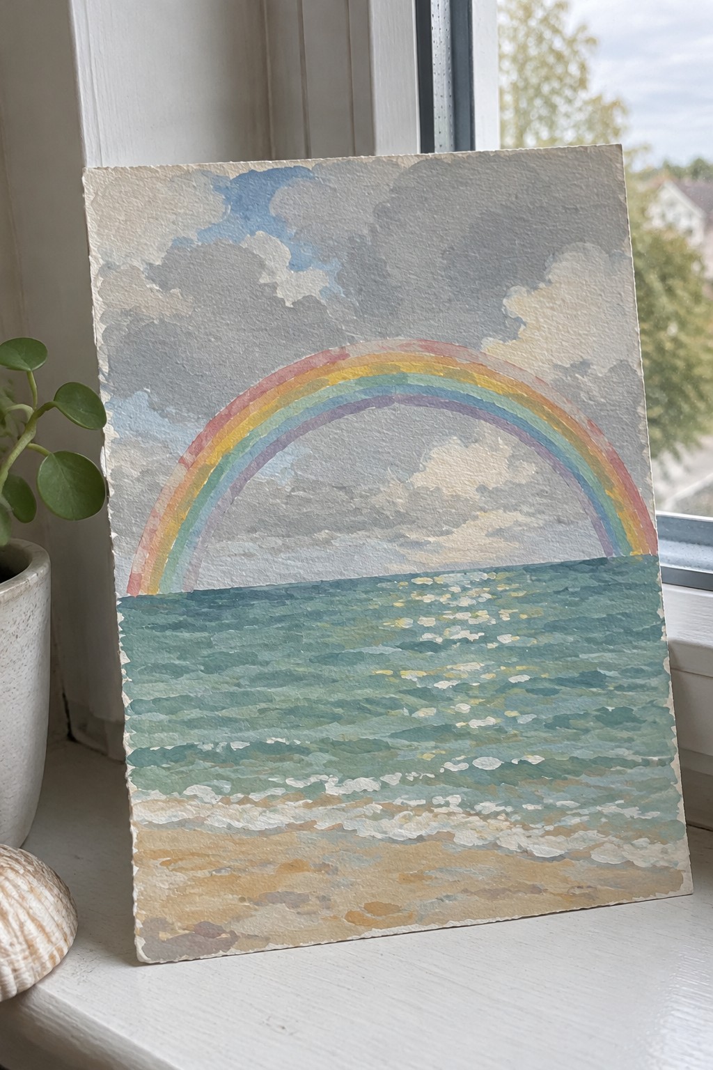 Watercolor rainbow over ocean waves and beach on windowsill beside potted plant and shell