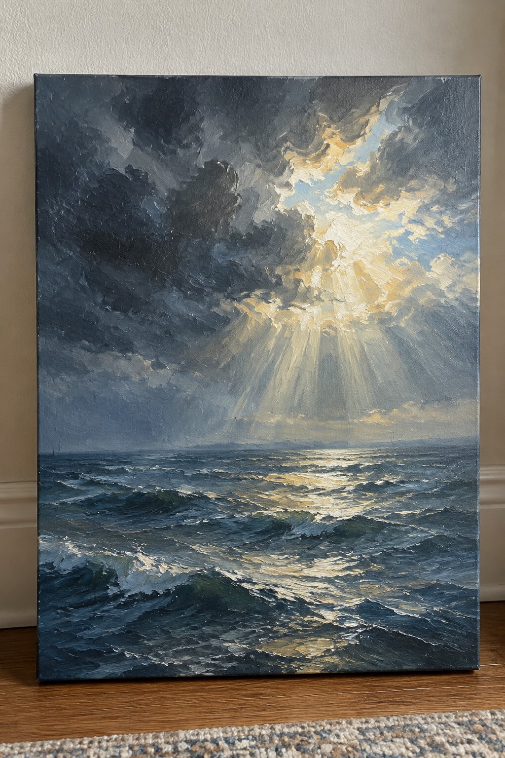 Dramatic oil painting of stormy sea with golden sun rays piercing dark clouds