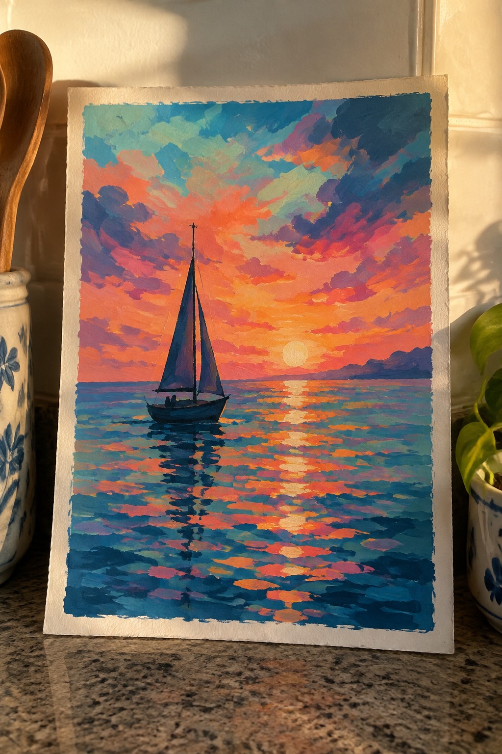 Colorful sunset painting of sailboat on reflective waters beneath vibrant orange and pink clouds.