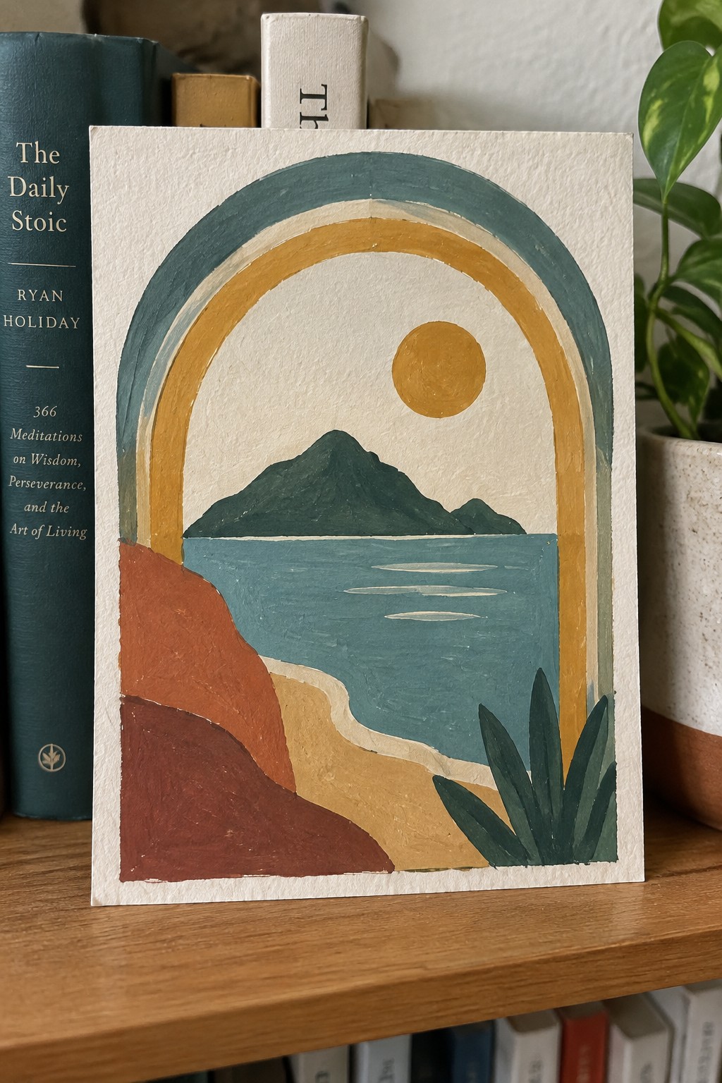 Vibrant arched landscape painting with sun, mountains, blue water, and red cliffs beside books